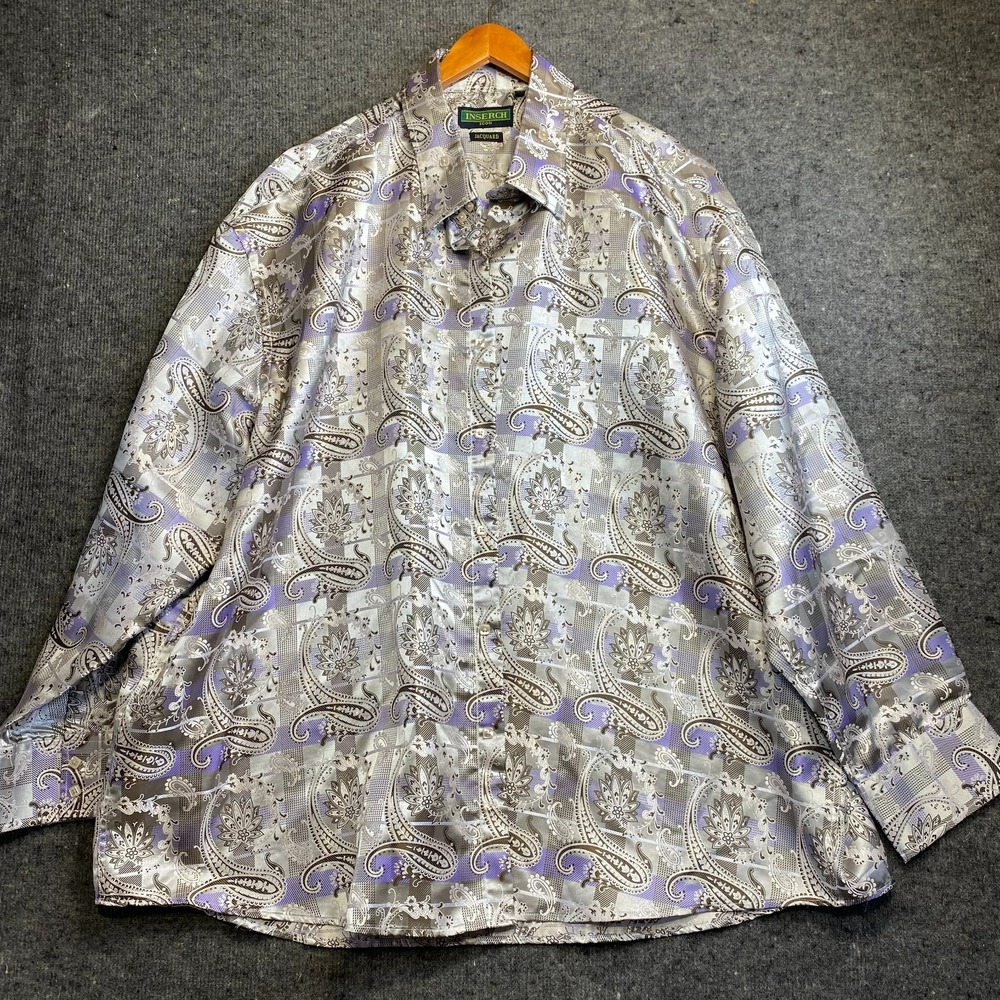 Inserch Icon Men's Button-Up Shirt Big Tall 5XL Jacquard Purple Paisley Shimmer